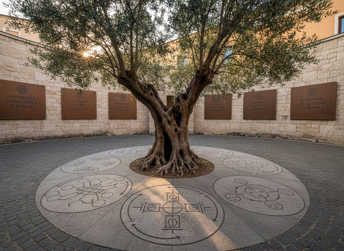 A robust, living olive tree growing in the center of a circular stone courtyard, its roots partially exposed and intertwining with carved stone tiles engraved with abstract diagrams of political systems and arrows indicating feedback loops. The leaves are deep green with silver undersides, catching subtle late-afternoon Mediterranean sunlight that filters through, creating intricate, dappled shadows on the diagrams below. Surrounding walls, slightly out of focus, display plaques with the names of Italian universities in refined lettering. Photographic realism, shot at eye level with a slight tilt upward to emphasize the tree’s branching structure. The mood is scholarly, enduring, and reflective, highlighting resilience as both organic growth and designed governance.