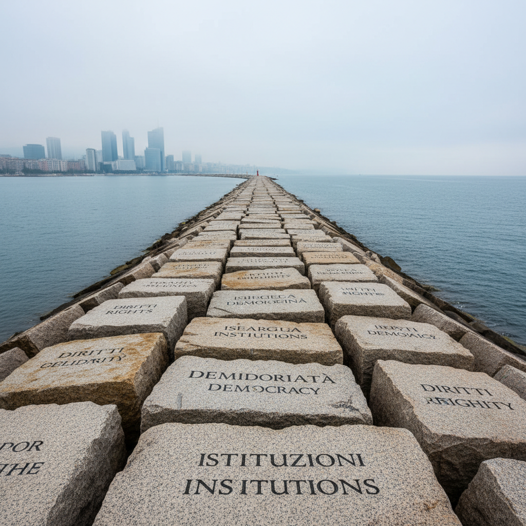 A sturdy stone breakwater extending into a calm, steel-blue sea, each block carved with faint, engraved keywords like “rights,” “institutions,” “democracy,” and “solidarity” in Italian and English. The sky is overcast, providing soft, even lighting that gently emphasizes the texture of the weathered stone without harsh shadows. In the blurred distance, a modern city skyline suggests governance and policy. Shot at eye level with a wide-angle lens, the breakwater leads the viewer’s eye into the horizon, creating strong linear perspective. Photographic realism with a restrained, professional color palette. The atmosphere is steady, contemplative, and resilient, symbolizing the protection that robust political structures provide against turbulent crises.