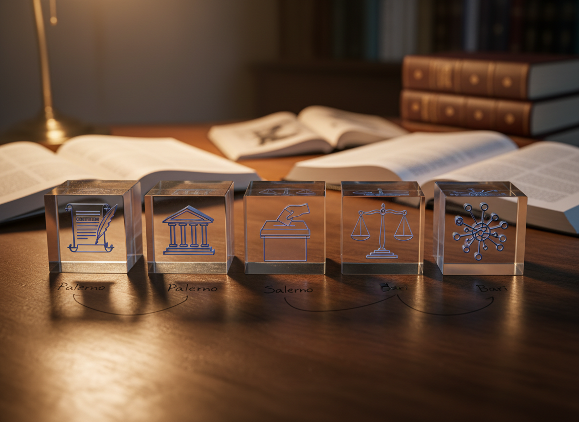 An orderly grid of thick, transparent acrylic blocks arranged on a dark wooden academic desk, each block containing a suspended symbol: a constitution icon, a courthouse, a ballot box, a scale of justice, and abstract network nodes. Subtle labels on the desk surface read “Palermo,” “Salerno,” and “Bari,” connecting clusters of blocks with fine ink lines like a research diagram. Warm, directional desk-lamp lighting from the left casts defined, yet soft-edged shadows and gentle reflections on the acrylic surfaces. Photographic realism with a sharp foreground and gently blurred background of academic journals and neatly stacked books. Captured from a slightly elevated angle, the composition feels precise, methodical, and professional, embodying collaborative research on political resilience.