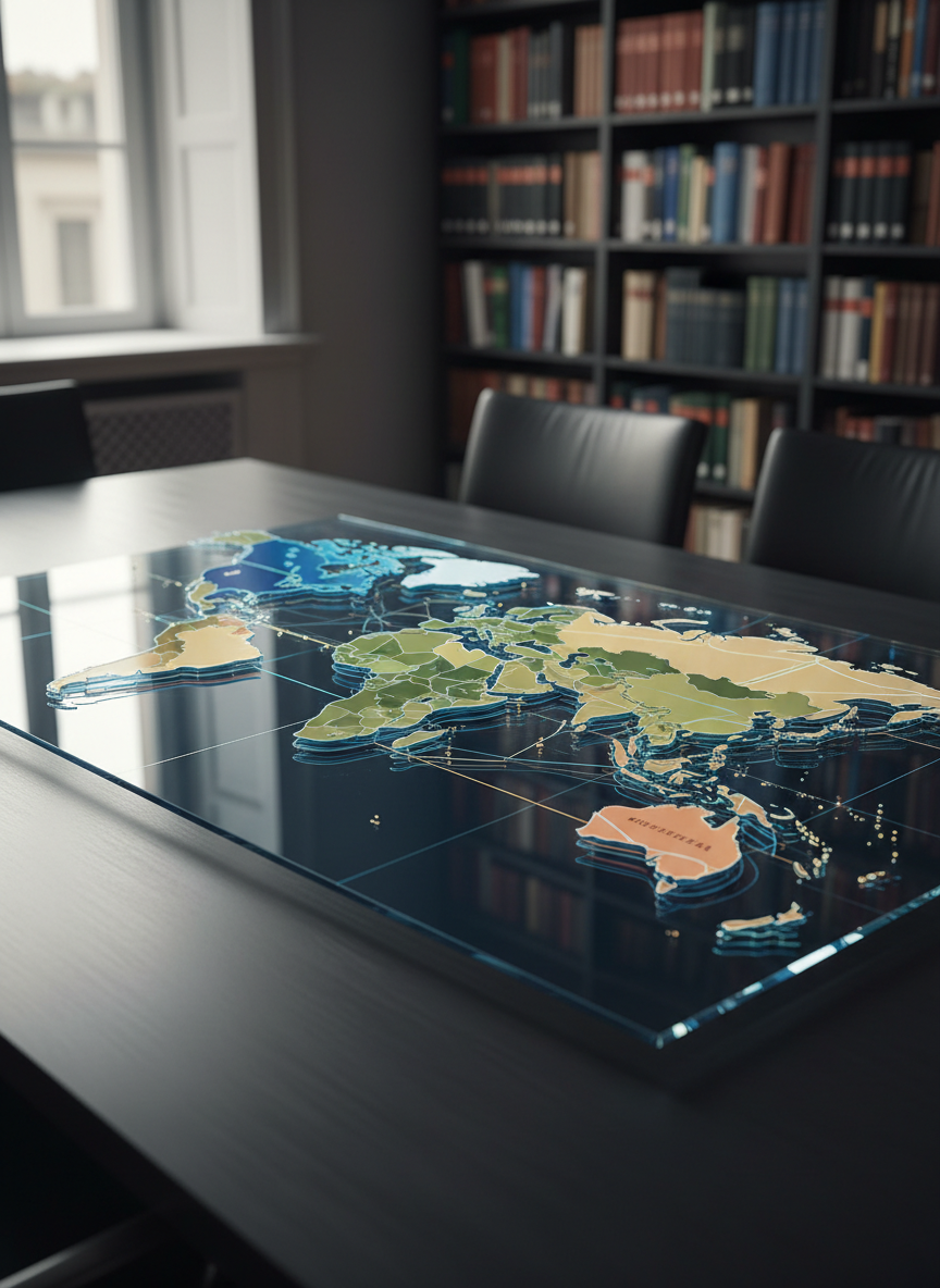 A large, intricately detailed political world map rendered as layered, translucent glass panels, each continent subtly tinted in cool blues and muted earth tones. Thin, luminous lines trace networks of governance, law, and institutions across the surface. The map rests on a dark, matte conference table in a minimalist academic setting, surrounded by blurred shelves of legal and political theory books. Soft, diffused daylight from a high side window creates gentle reflections and crisp edge highlights on the glass layers. Photographic realism with a clean, modern aesthetic, captured from a slightly elevated angle, rule-of-thirds composition, and shallow depth of field. The mood is analytical, calm, and professional, evoking structured political resilience and critical research.