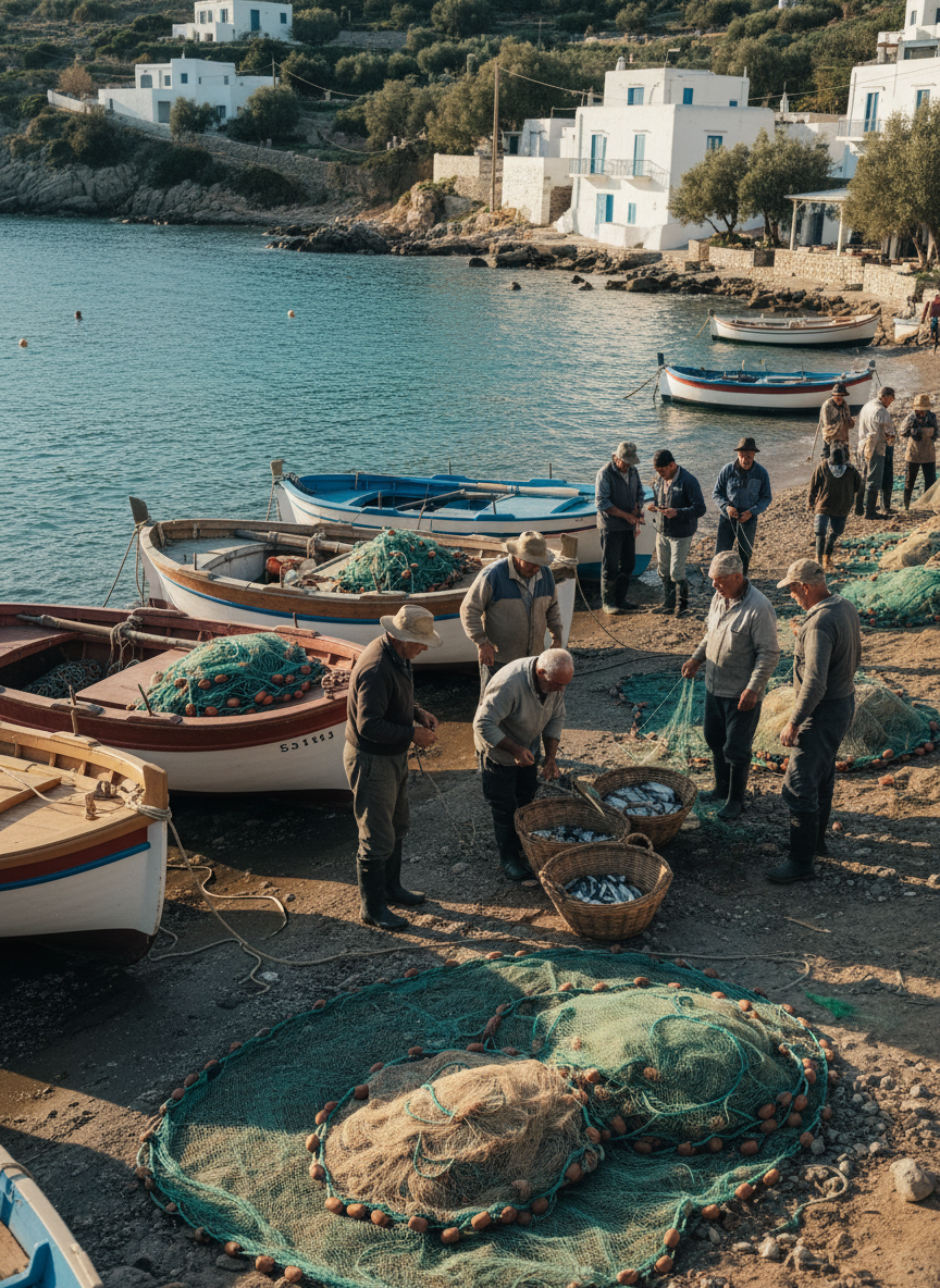 Documentary-style photo of small-scale and artisanal fishers in a Mediterranean coastal village, featuring traditional boats, fishing nets, and a calm sea at golden hour, with a focus on community and sustainability. Natural colors, realistic, academic project style, no text.