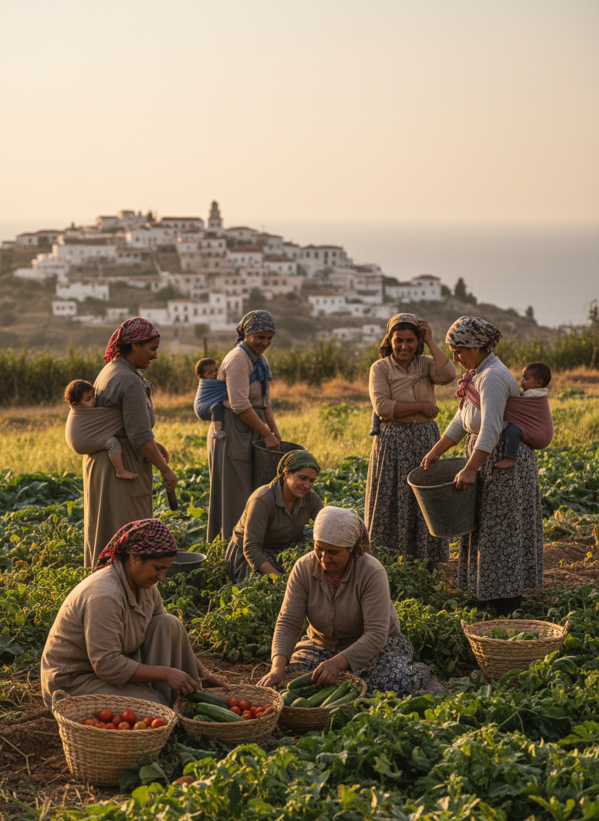 Documentary-style photo representing migration, rights, labour, and culture in the Mediterranean. Show a diverse group of migrant women working together in an agricultural field at golden hour, with visible interaction and solidarity. Include subtle visual references to both care work and farm labour, with a Mediterranean village in the soft-focus background. Maintain the same muted, realistic, academic visual style and color palette as the existing fisheries image used in the first research topic column. No overlaid text, no logos.