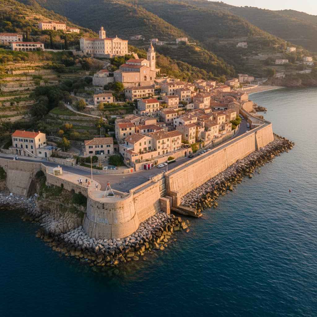Photographic image representing territories, risk mitigation policies, and institutions in a Mediterranean or European context. Show a coastal town with terraced houses and public buildings on a hillside, with a clearly visible sea wall or flood barrier in the foreground. Include subtle visual hints of planning or governance, like survey markers or officials observing the landscape at a distance, without being the main focus. Use the same muted, realistic, academic visual style and warm, natural lighting as the existing fisheries image in the first research topic column. No overlaid text, no logos.