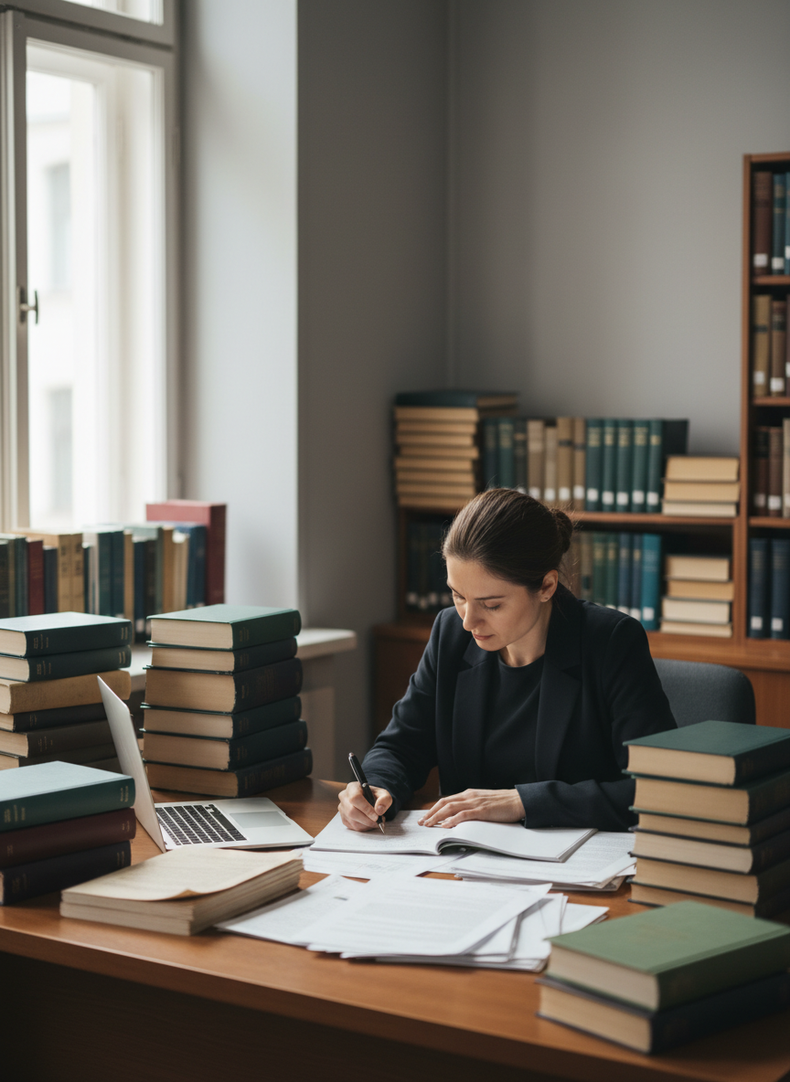 Portrait-format, academic-style photograph showing a researcher in a quiet university library or office, surrounded by books, printed journal articles, and a laptop, carefully annotating a document with a pen. Neutral, muted color palette matching the site's existing images, professional and realistic, no visible logos or text on covers, soft natural light from the side, clean composition.